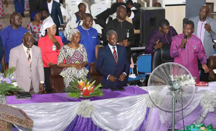 Acting President Yemi Osinbajo, His Wife Her Execellency Dolapo Osinbajo and Gen. Abayomi Gabriel Olonishakin Chief Of Defence Staff At the a day out With The God of Daddy G.O. Pastor E.A. Adeboye, a Programme By RCCG Region 10 Family Abuja At The National Christian Centre, Cbd Abuja. Sunday 14 May 2017.